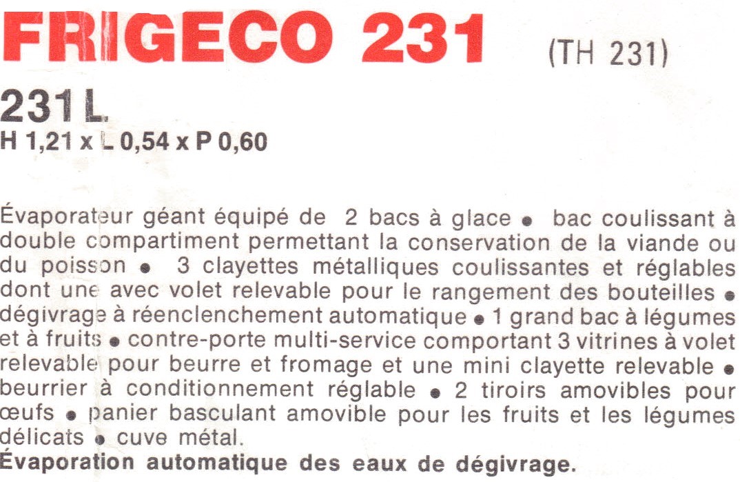 description frigeco 231