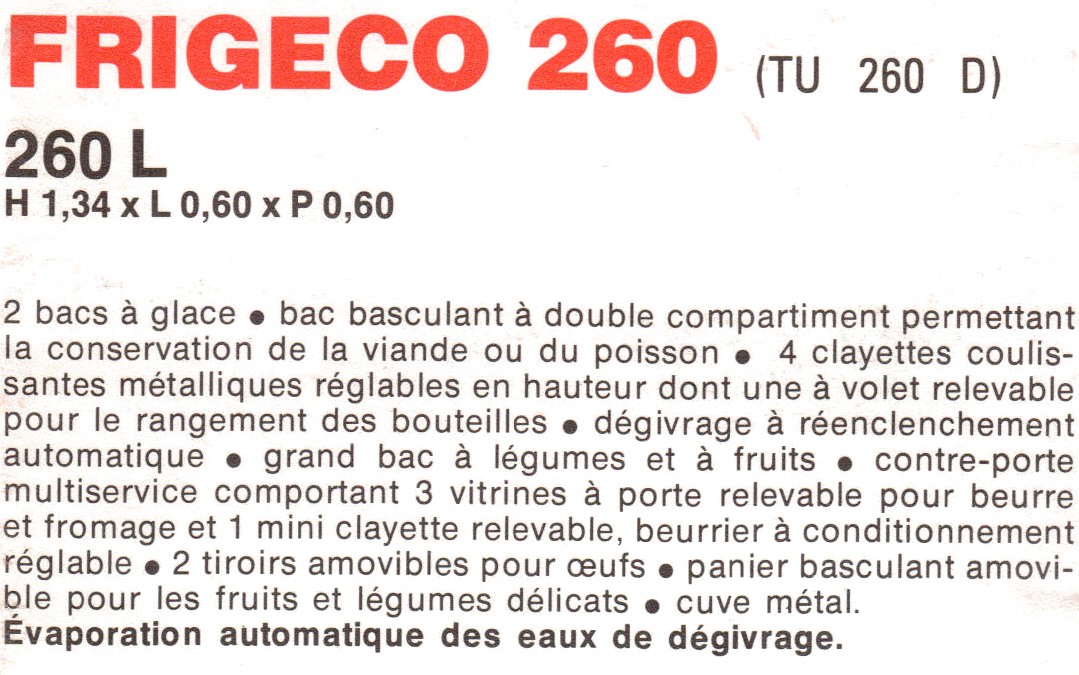 description frigeco 260