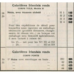 tarif calorifères Irlandais ronds H 1934