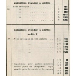 tarif calorifères Irlandais à ailettes 1934